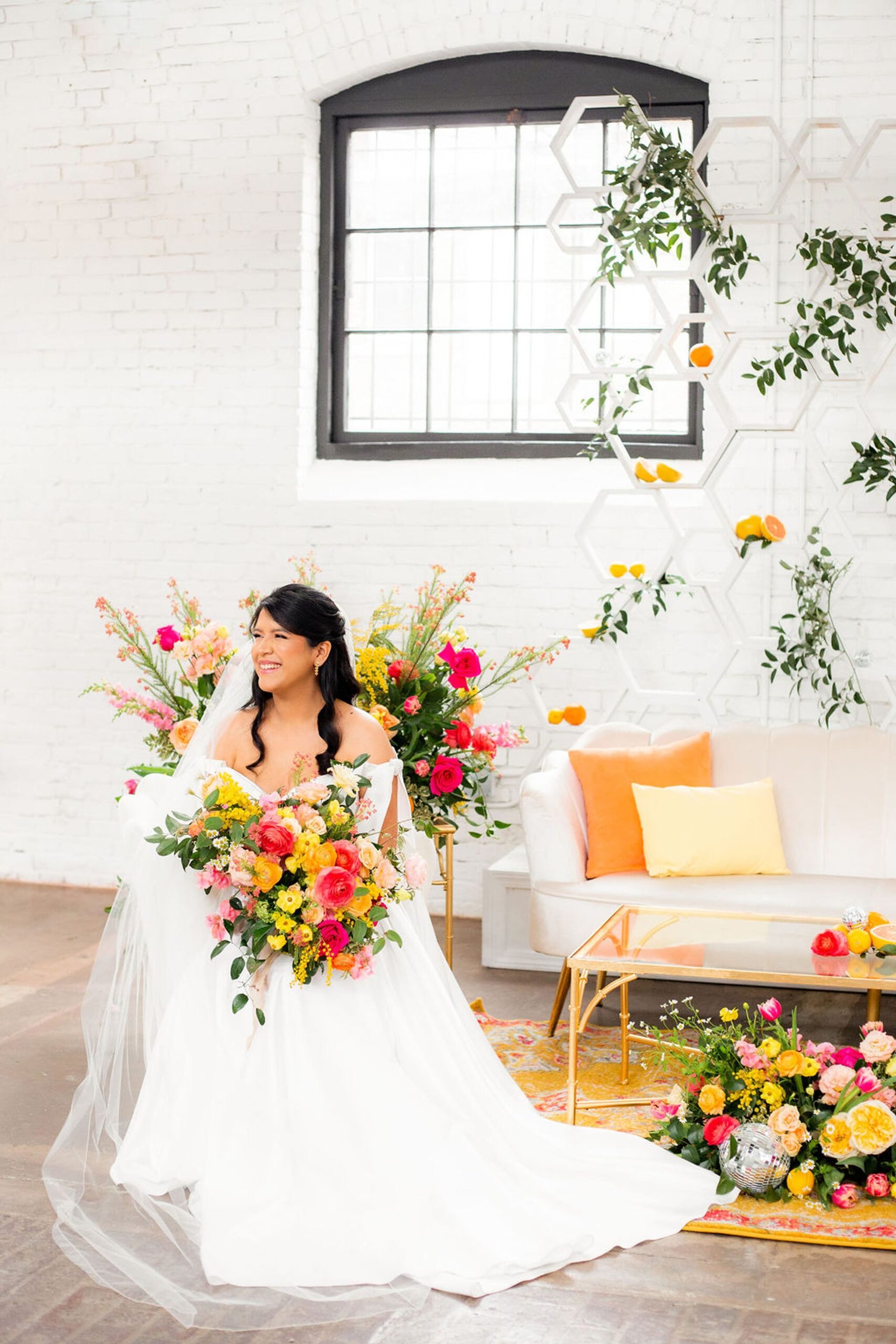 Bride holding bright and colorful bouquet for Rhode Island wedding