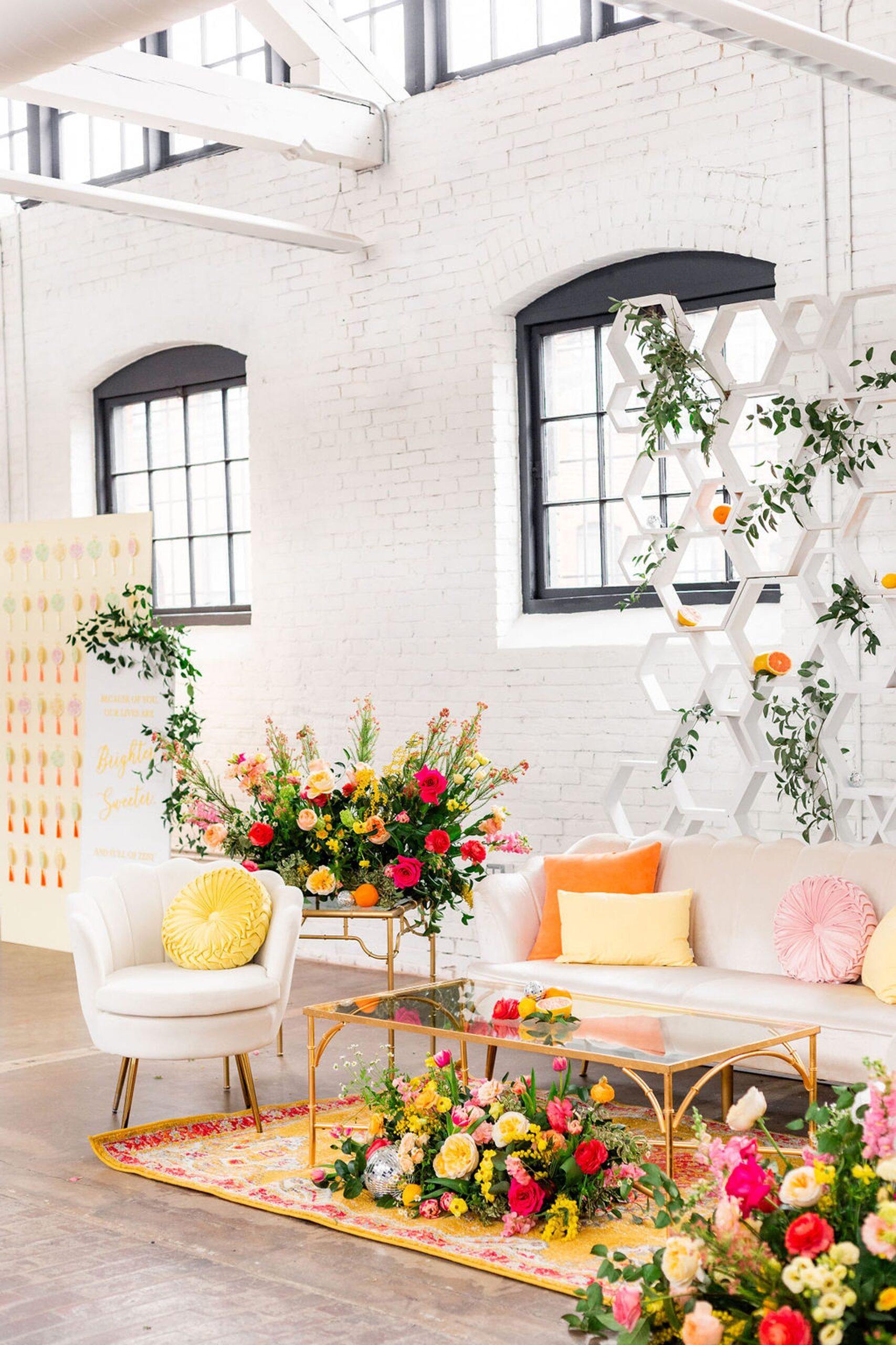 Citrus wedding decor and flowers for New England wedding