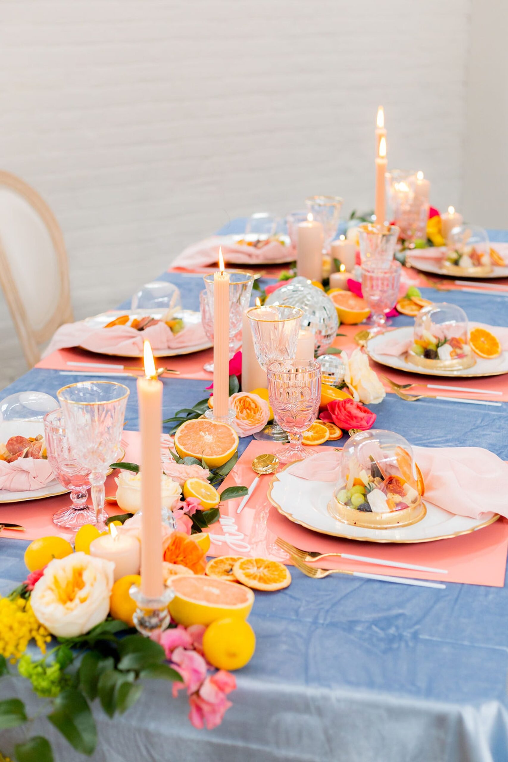 Bright pink and yellow tablescape for New England summer wedding