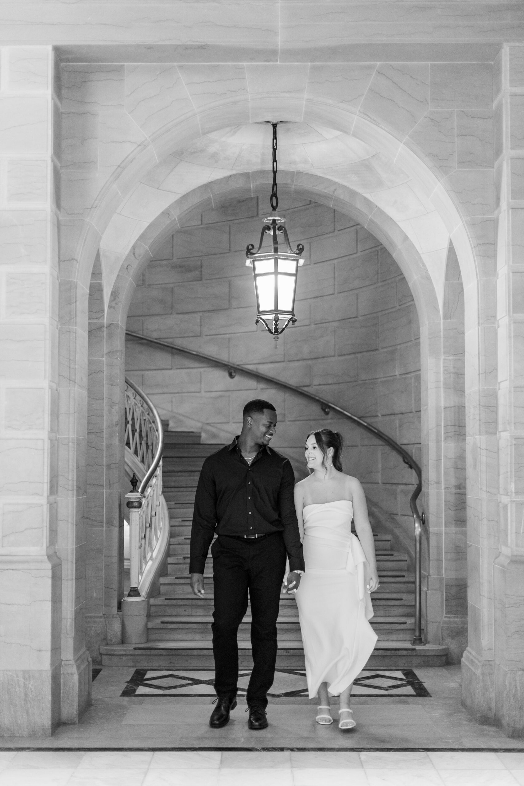 Black and white photo of couple at Hartford City Hall