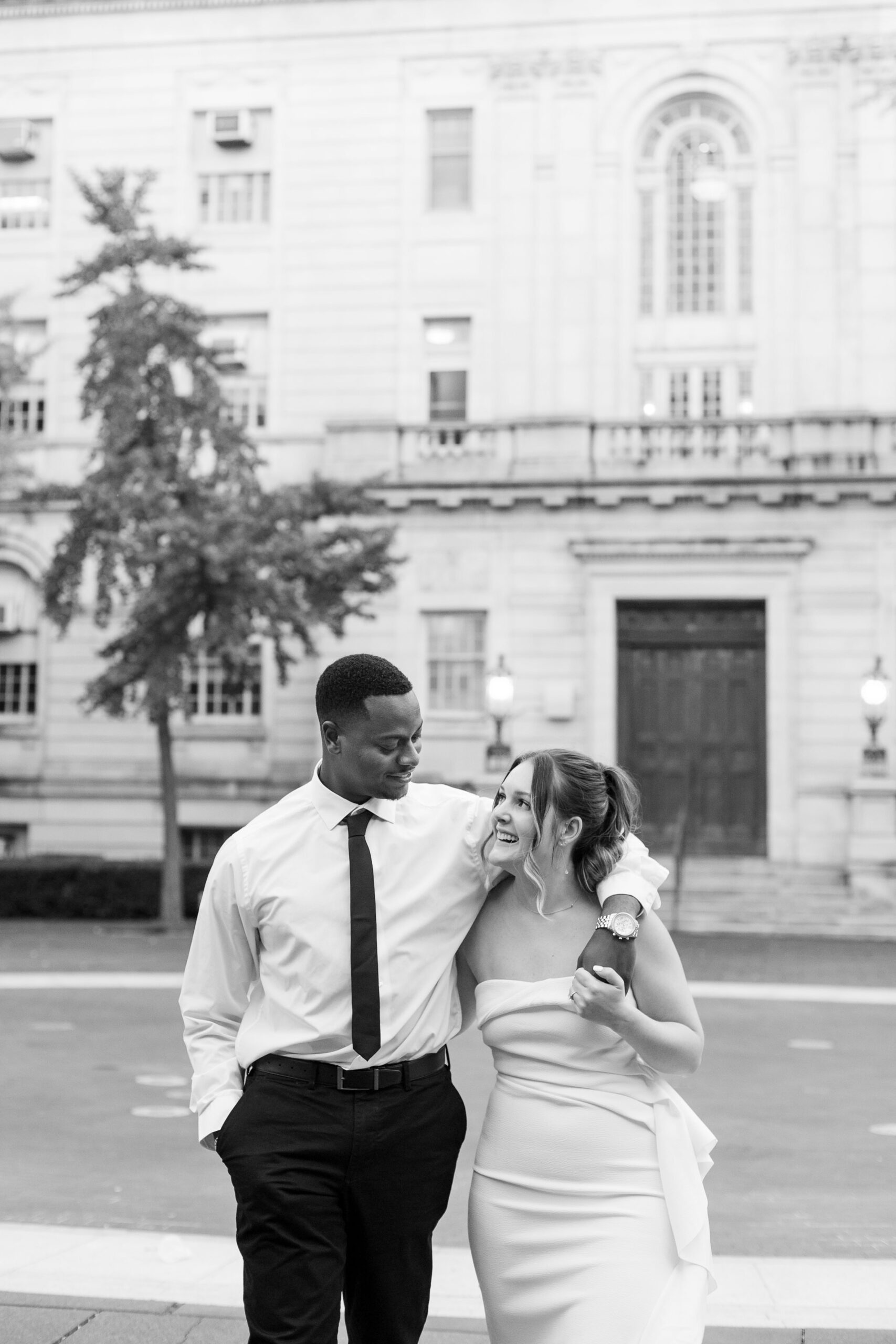 Black and white engagement photos at Hartford City Hall